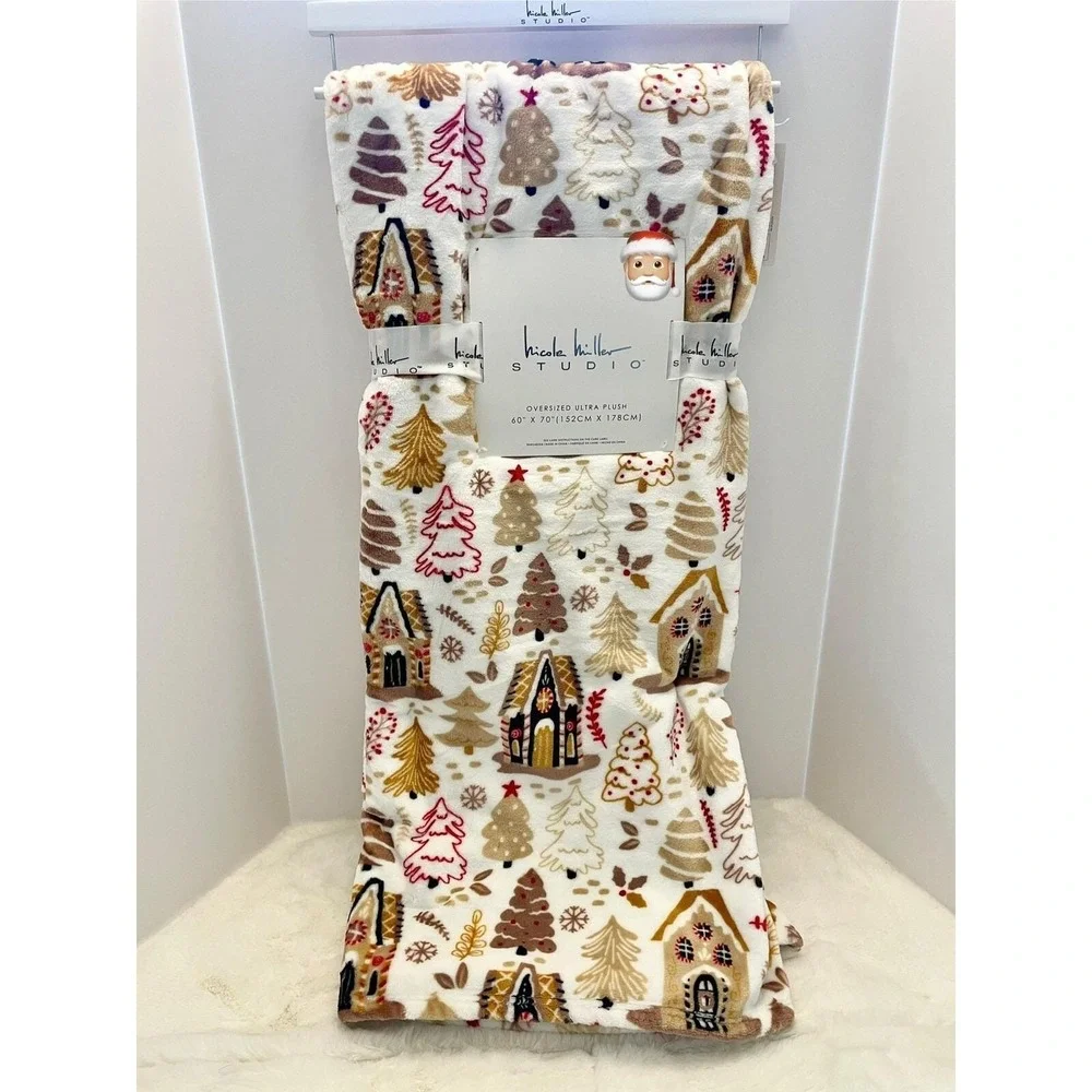 Nicole Miller CHRISTMAS Gingerbread House Brown Plush Throw‎ Blanket